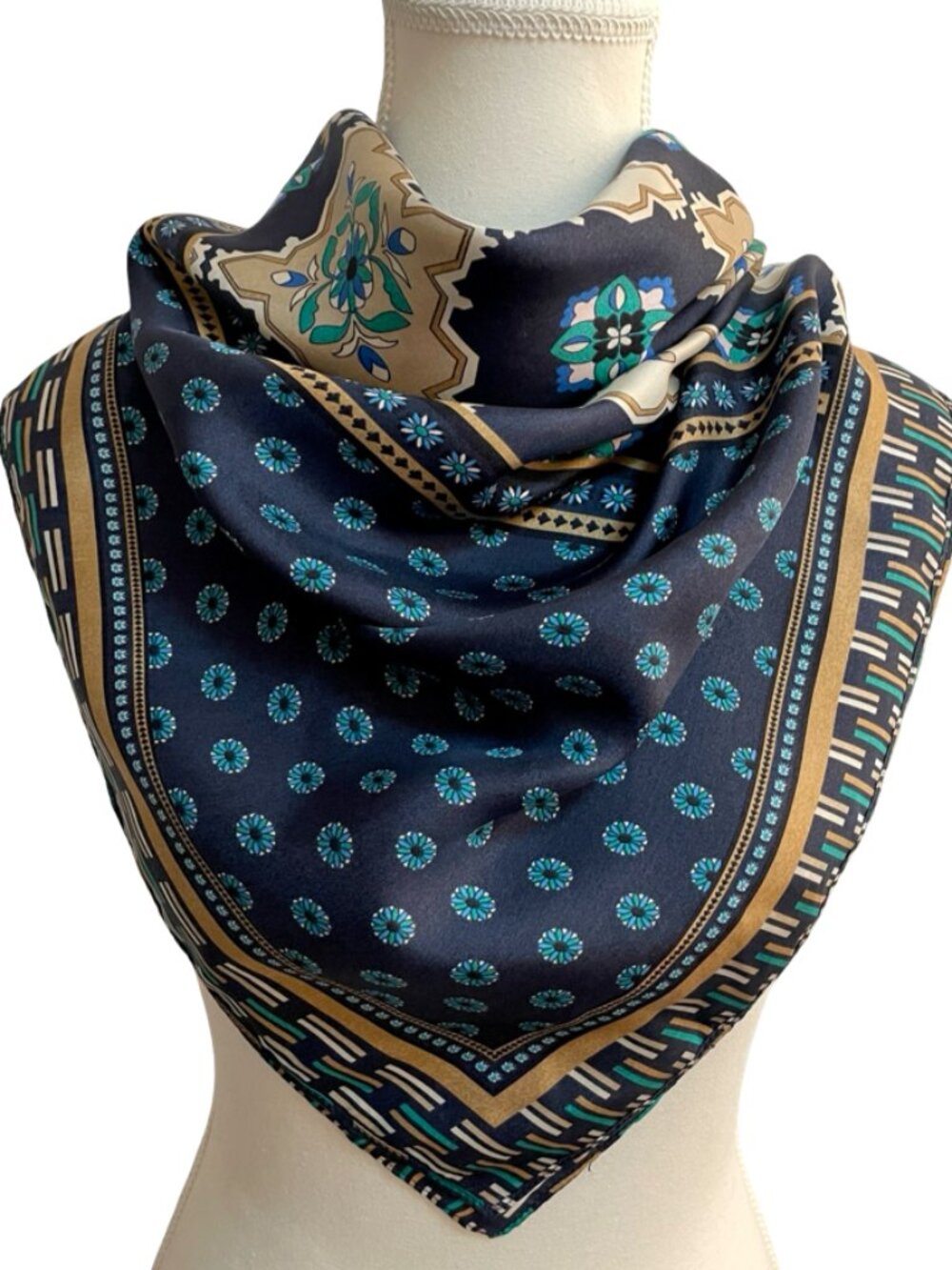 Navy Blue & Teal Geometric Floral Silk Feel Square Scarf 41 x 41 Vintage Style